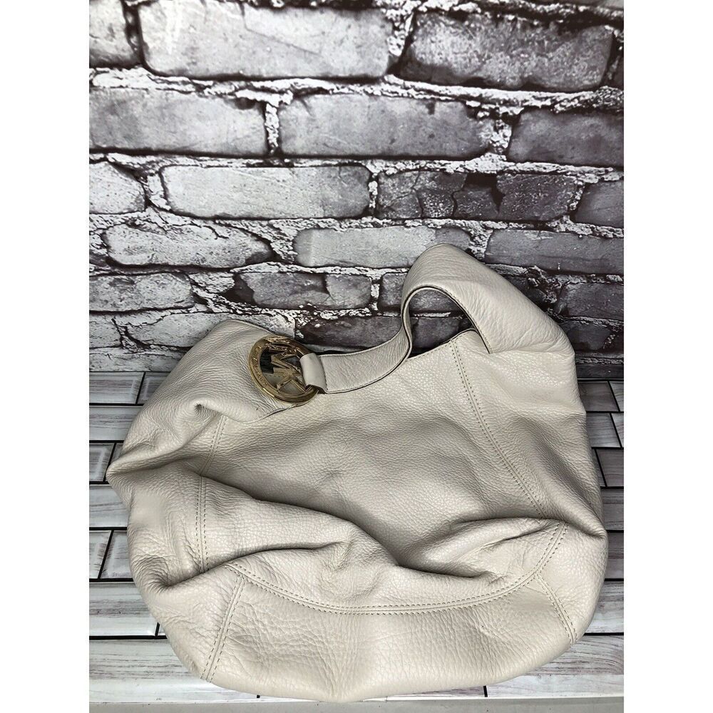 Michael Kors Gold Logo Vanilla Ivory Large Leather Shoulder Bag Handbag Purse